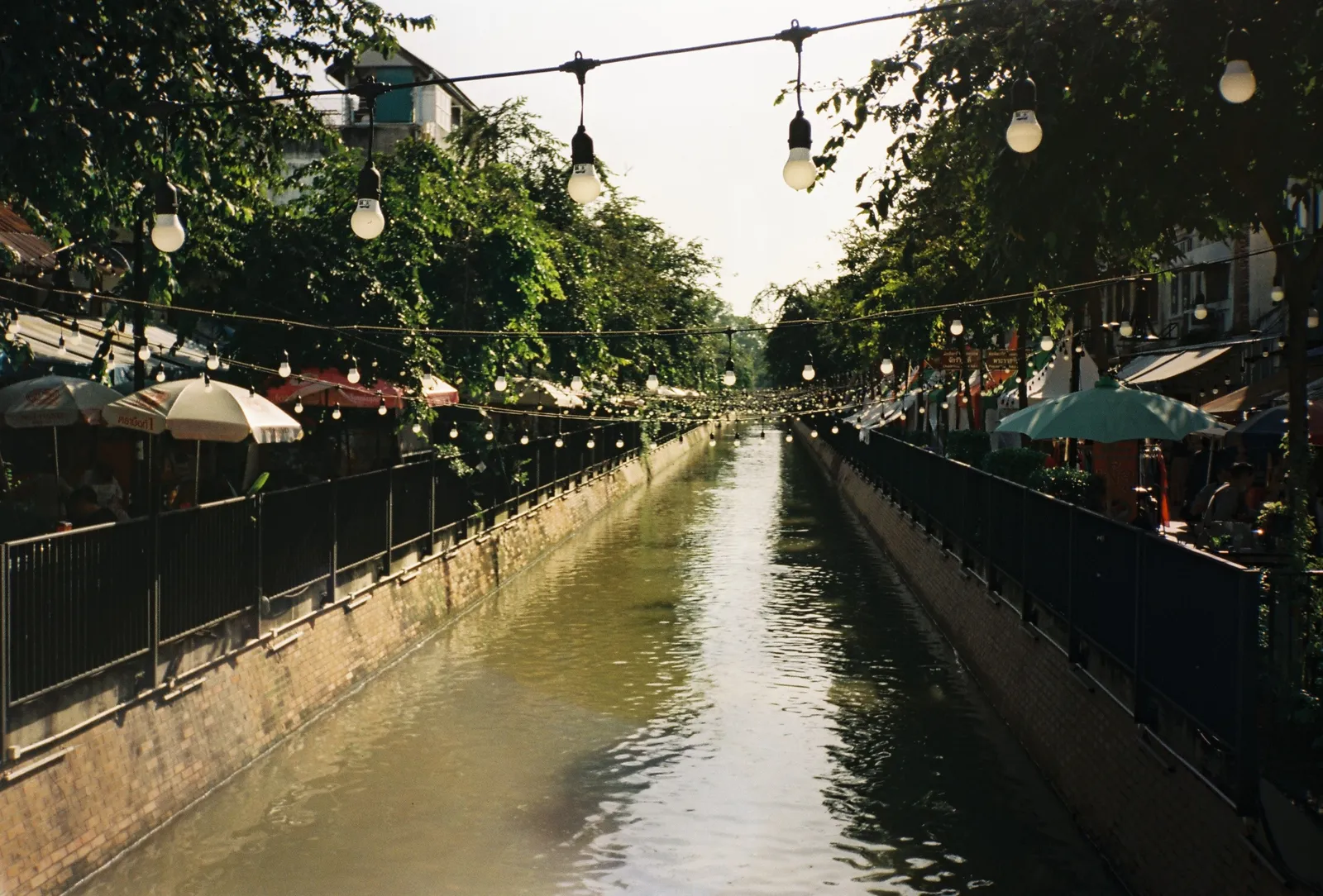 Lanterns and string lights glowing above wooden shophouses along Amphawa canal at dusk, Thailand