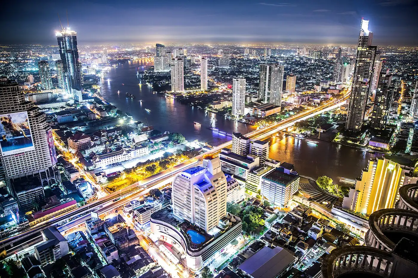 The Bangkok skyline lit up at night, Thailand