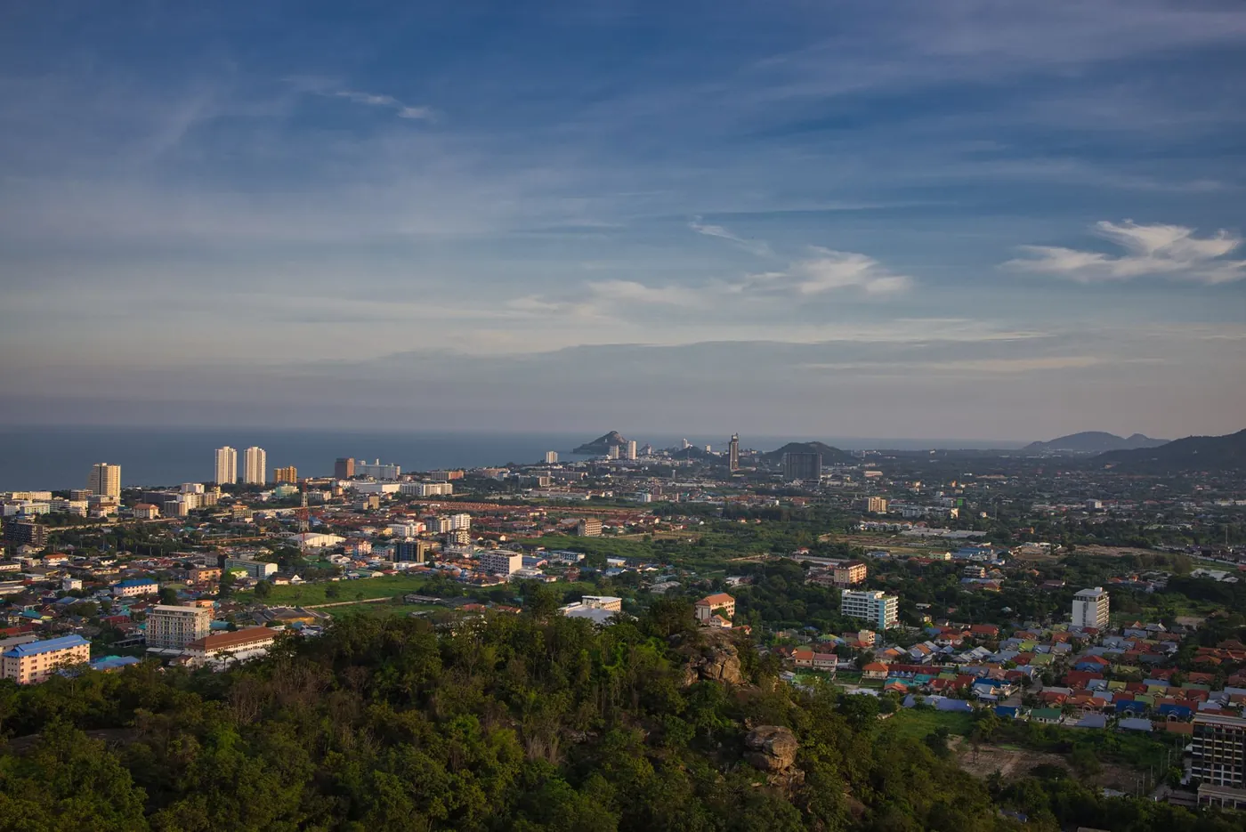 A panoramic aerial view of Hua Hin's hillside and coastline, Thailand