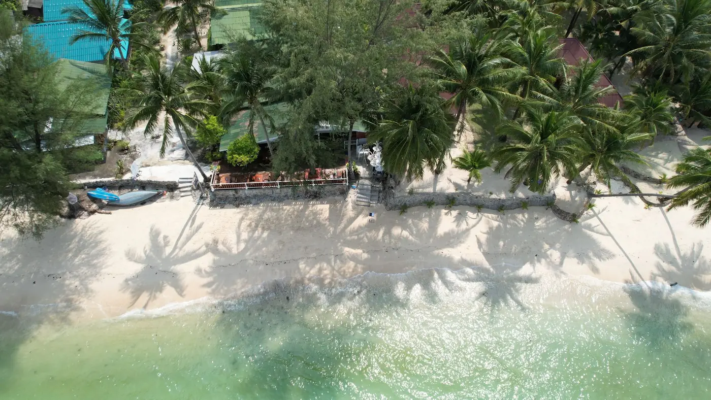 An aerial view of a palm backed beach on the Gulf coast of Thailand