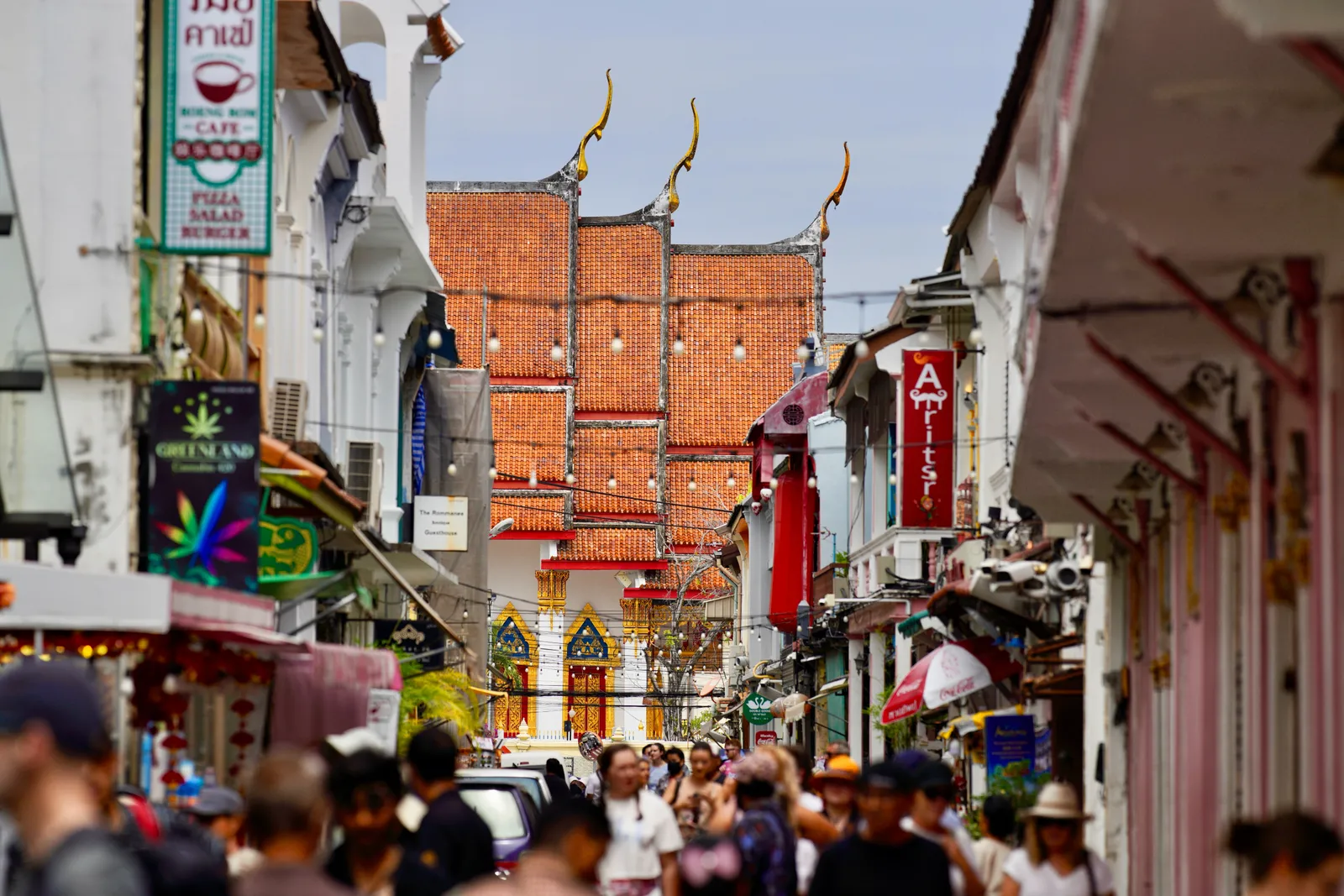 Colourful Sino-Portuguese shophouses lining a street in Phuket old town