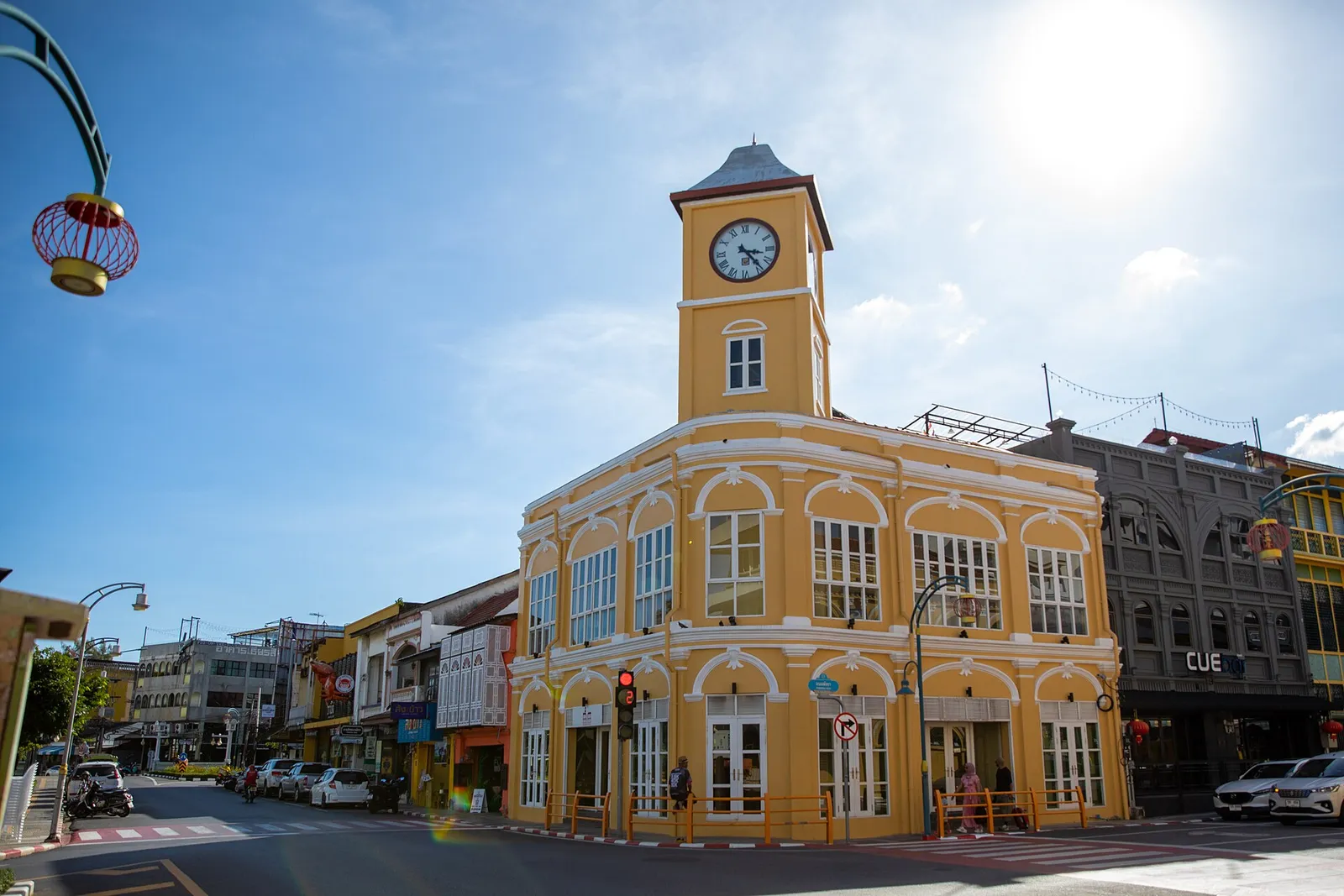The yellow colonial-era clock tower building in Phuket Old Town, Thailand