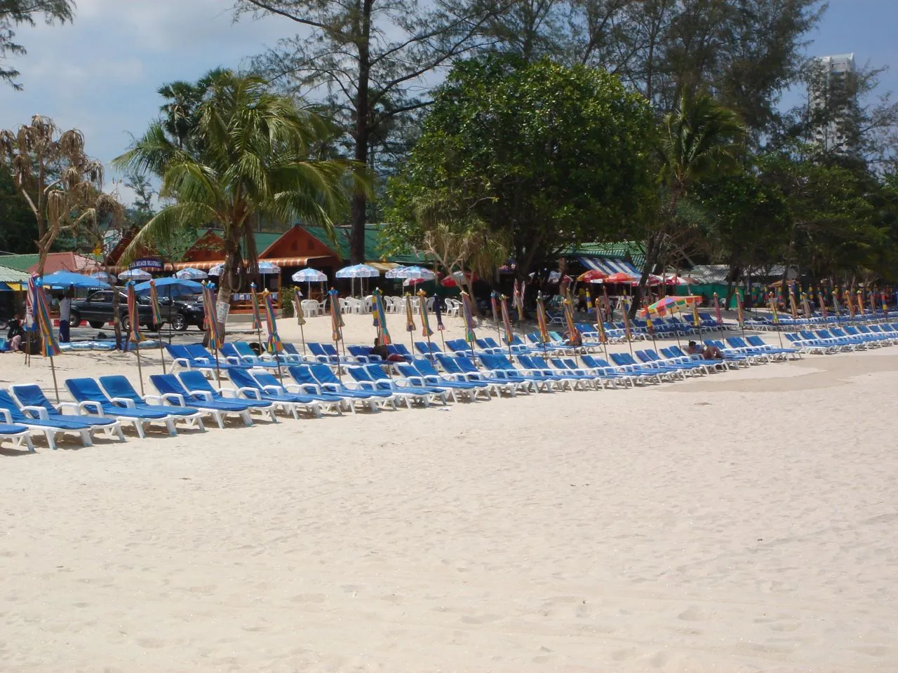Sunbeds and umbrellas lined up on a beach in Phuket, Thailand