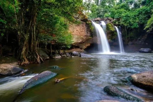 Two waterfalls dropping from a rock ledge into a pool, dense jungle around