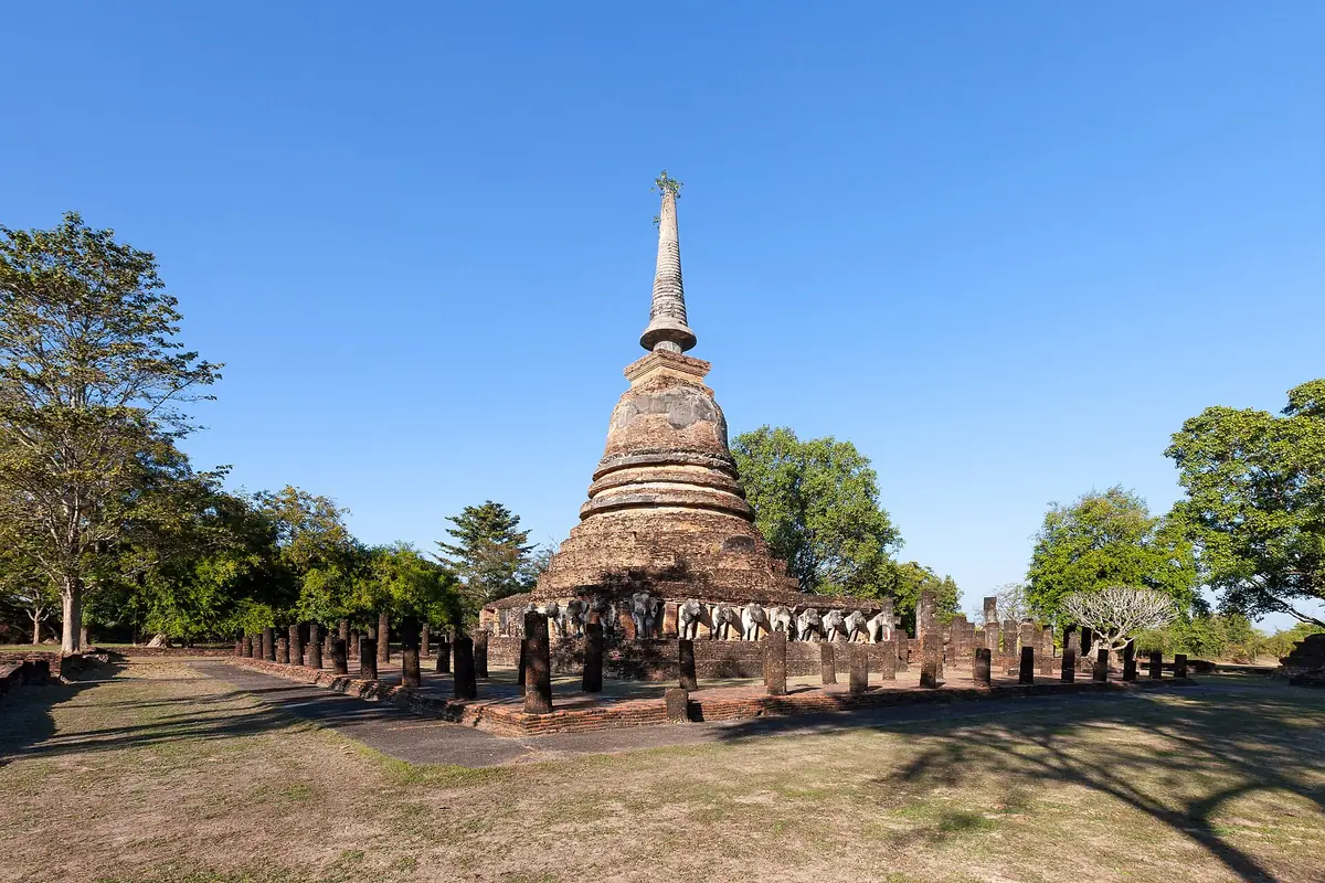 The chedi of Wat Chang Lom at Sukhothai among the ruins