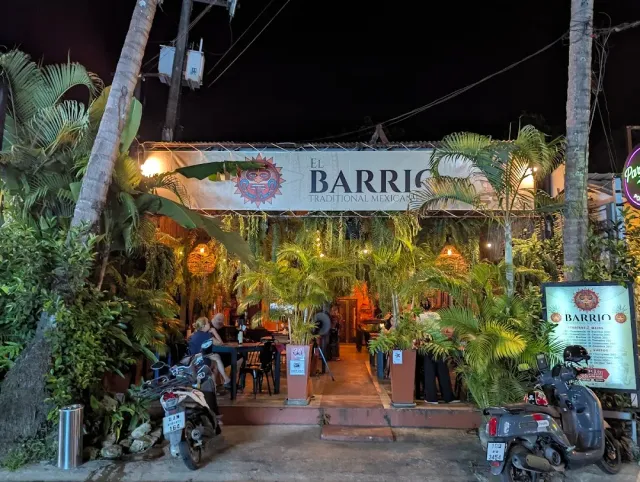 A lit front at night with a large cloth sign, potted palms and parked motorbikes