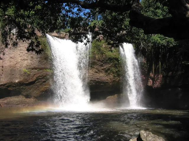 A twin waterfall dropping into a dark pool ringed by forest rock and vegetation