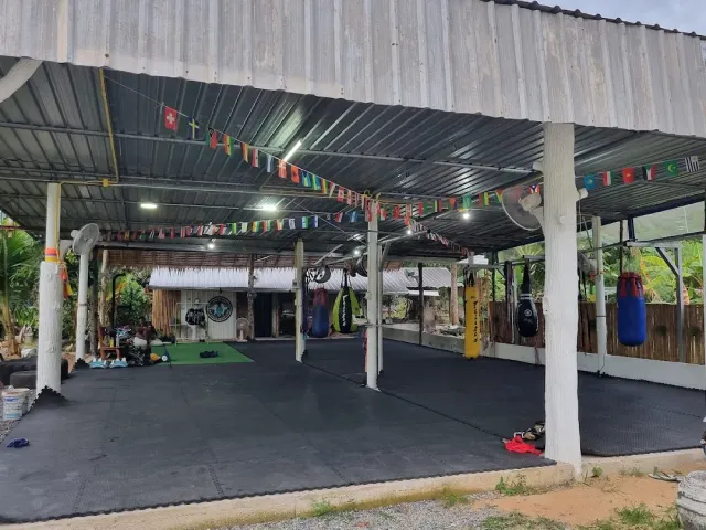 A covered training hall with country pennants, punching bags and black mats