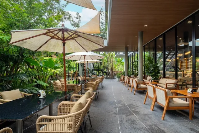 A paved terrace with beige umbrellas, woven chairs and tropical greenery around