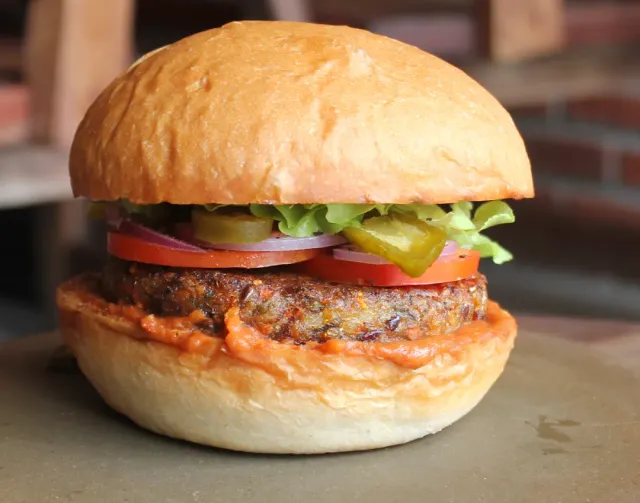 A close up of a burger in a glossy bun with a patty, tomato, lettuce and orange spread