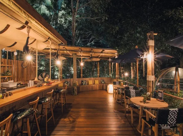 A wooden deck lit at night with a bar counter, umbrellas and jungle trees around