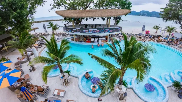 A view from above of a turquoise pool with a thatched roof bar, palms and the beach behind