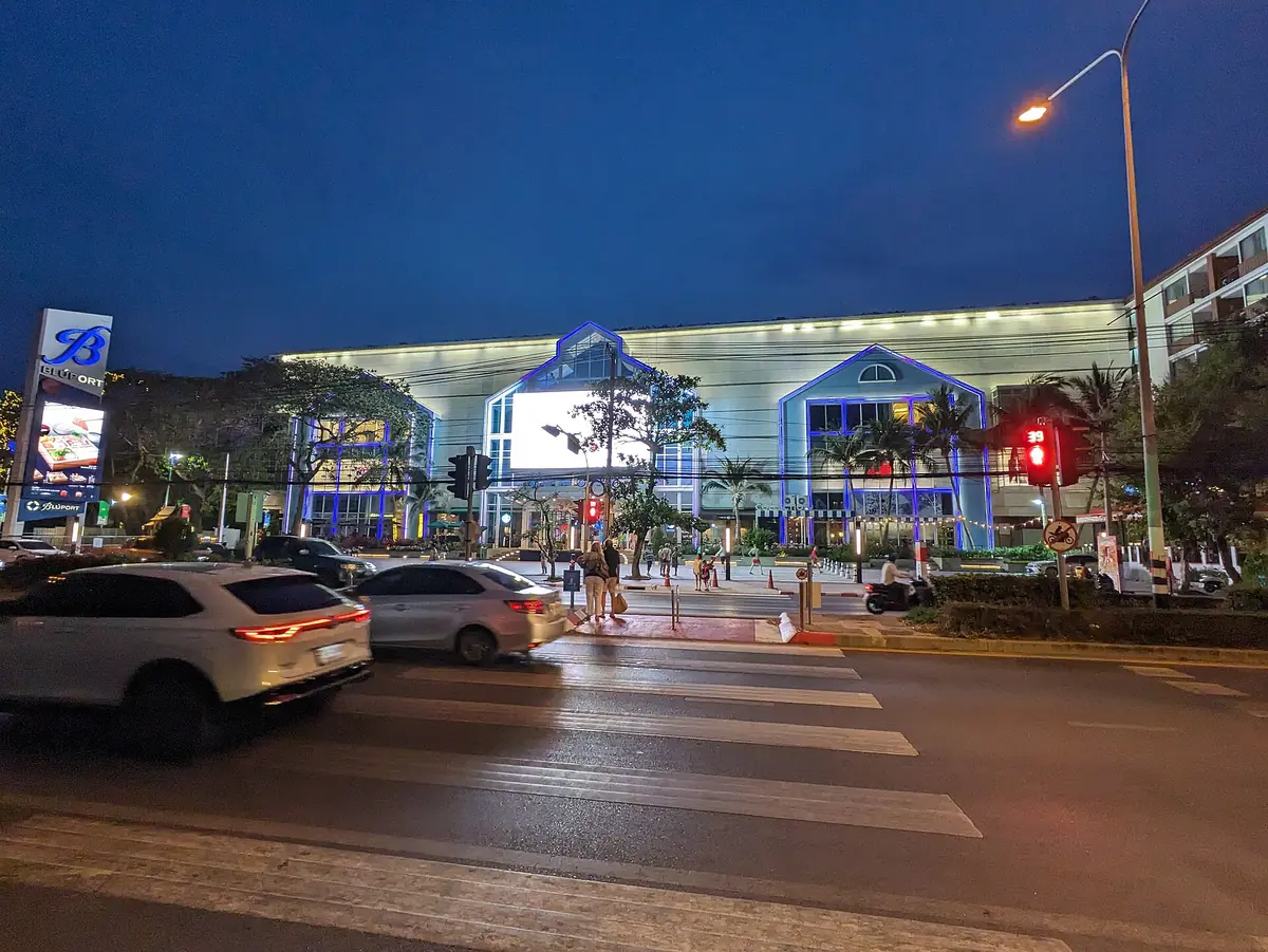 The Bluport mall frontage in Hua Hin at dusk