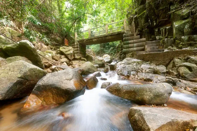 A small waterfall running between smooth boulders inside dense green rainforest
