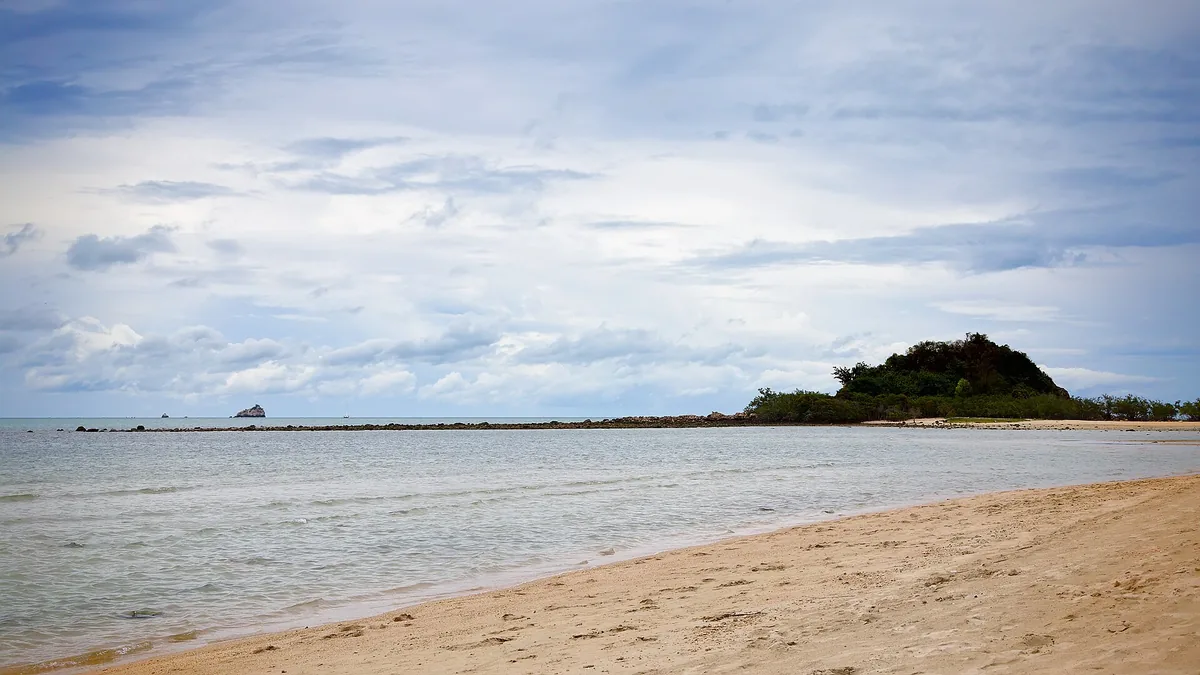 A soft sand strip and calm shallow water, with a small wooded islet facing the shore