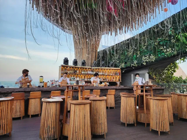 Round bamboo stools on an open roof, facing a bar beneath a huge sculpture of hanging fibers