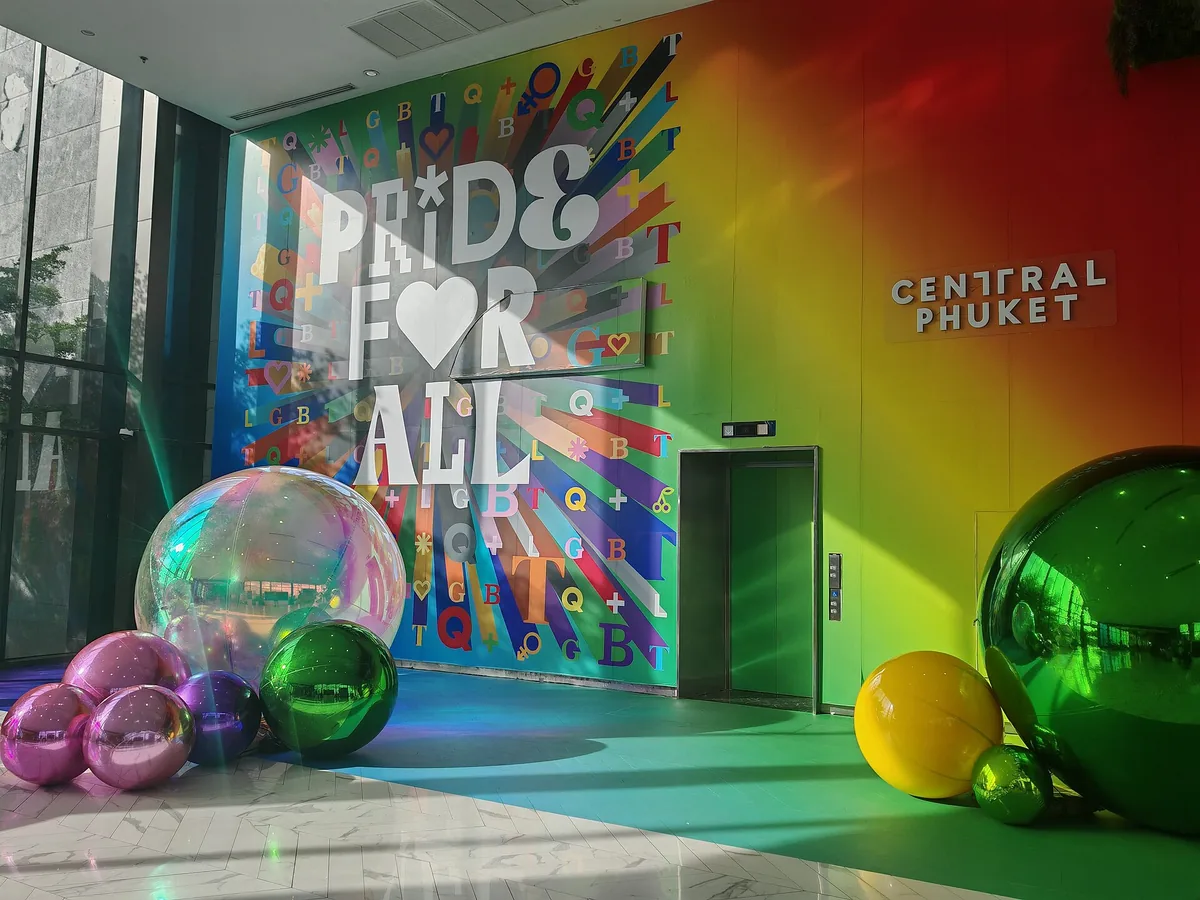 A colourful interior at the Central Phuket mall, the complex name on the wall