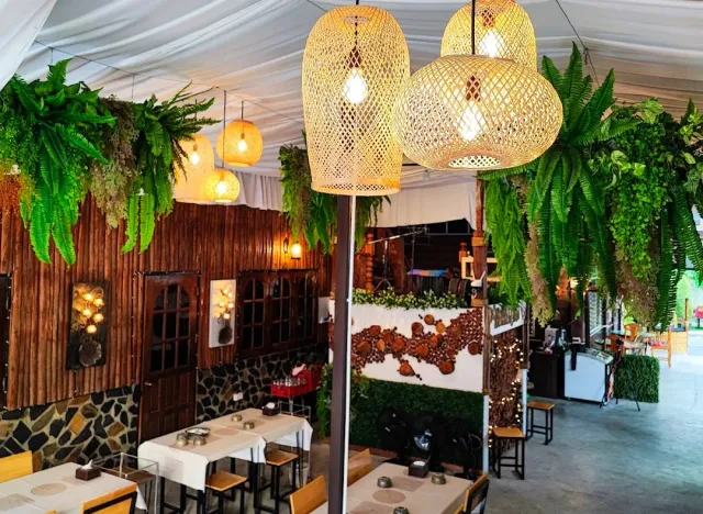 A space covered by white canvas with hanging ferns, rattan lamps and white tables