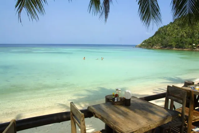 Shallow turquoise water in front of a wooden deck shaded by a palm