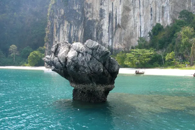 A forested limestone cliff rising from green water in a quiet lagoon