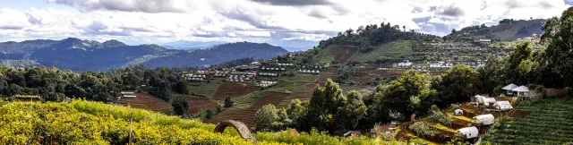 Terraced cultivated slopes with scattered huts and green mountain ridges behind