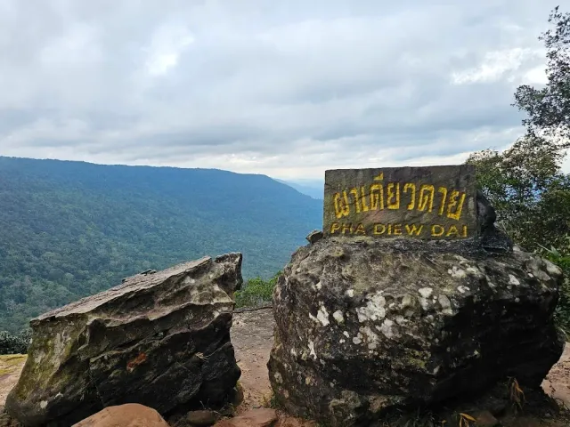 A boulder with an inscription carved in yellow, a forested ridge and cloudy sky behind