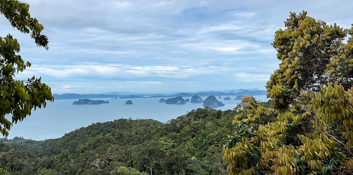 The view from the Ngon Nak trail over wooded hills and the bay