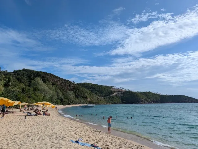 A white sand beach with yellow umbrellas and turquoise water, facing forested hills