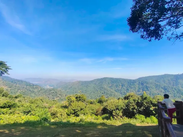 Forested hills under a blue sky, and a child leaning on a wooden railing