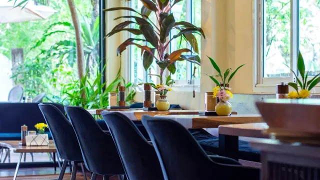 A long table with dark chairs, flower vases and greenery facing large windows