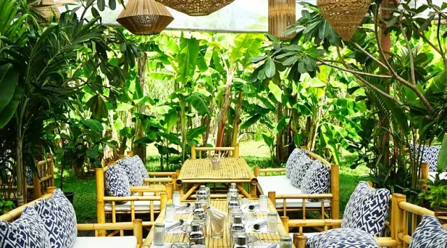Bamboo tables and blue patterned cushions among banana plants, woven light fixtures