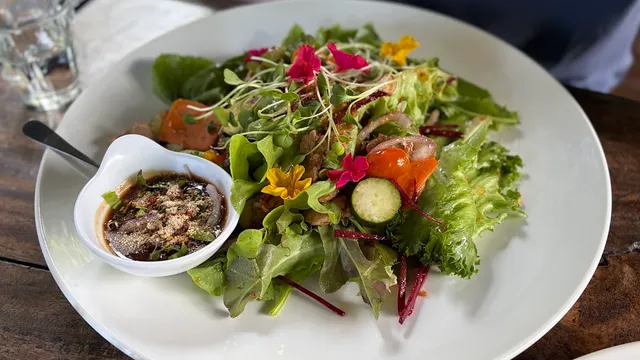 A green salad with edible flowers, cucumber and dressing in a small white bowl