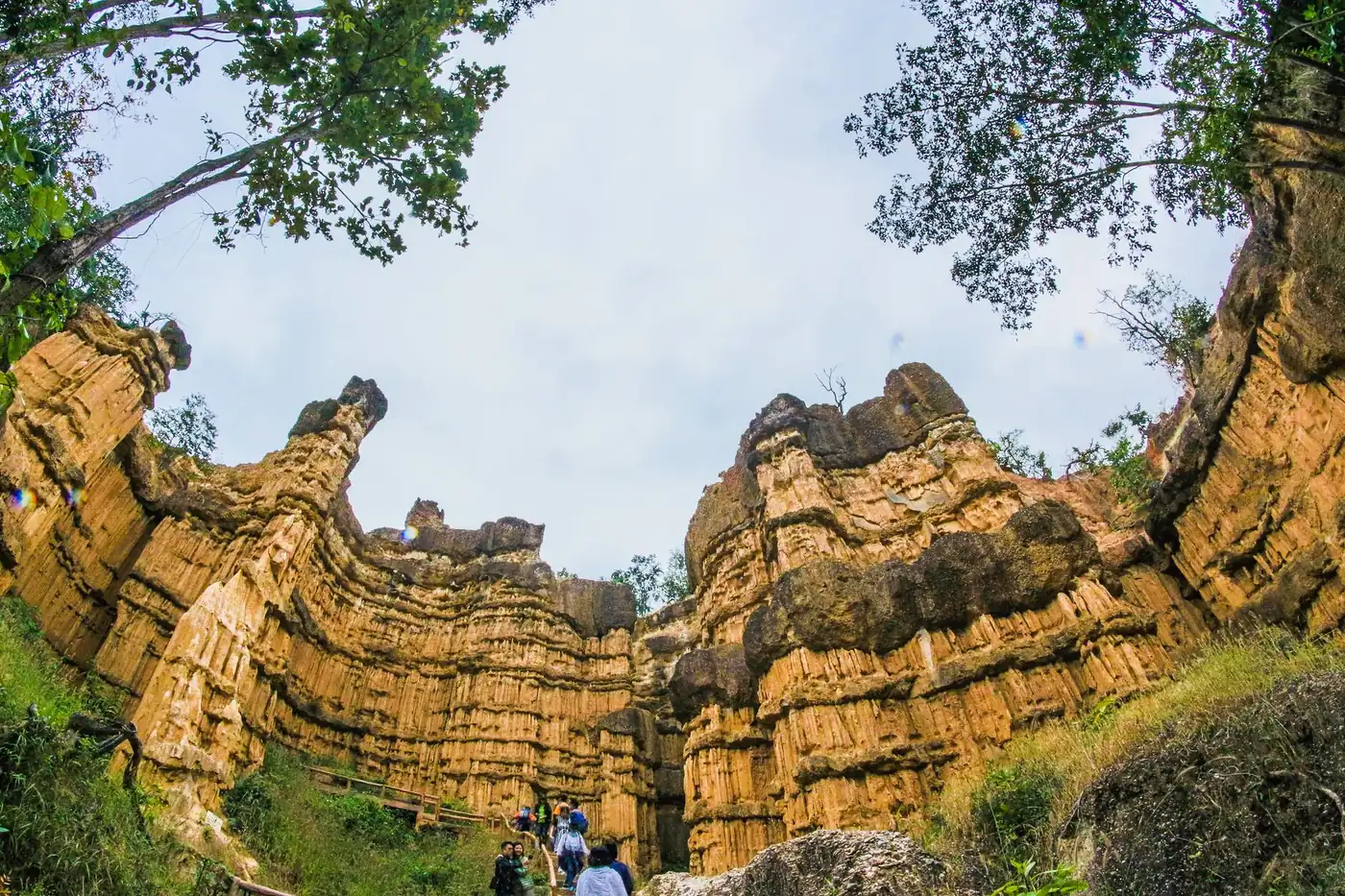 Hikers walk a wooden boardwalk beneath steep, eroded canyon walls in the hills of northern Thailand, framed by overhanging tree branches under a hazy sky